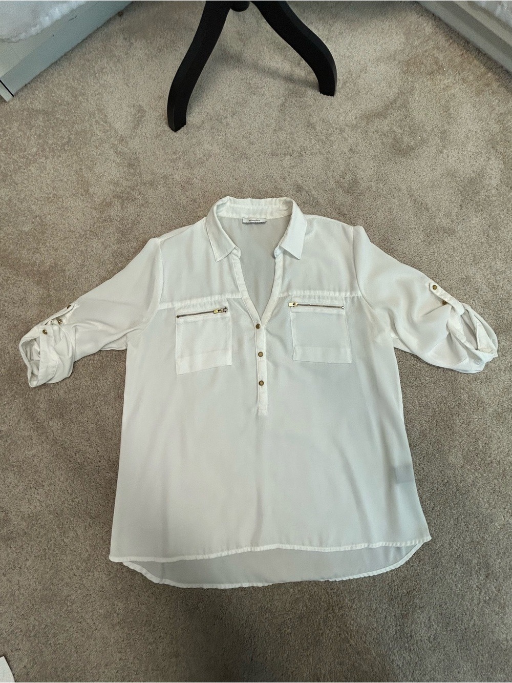 Mandee White Utility Pocket V-neck half button down Blouse roll tab sleeve XL - Picture 6 of 13